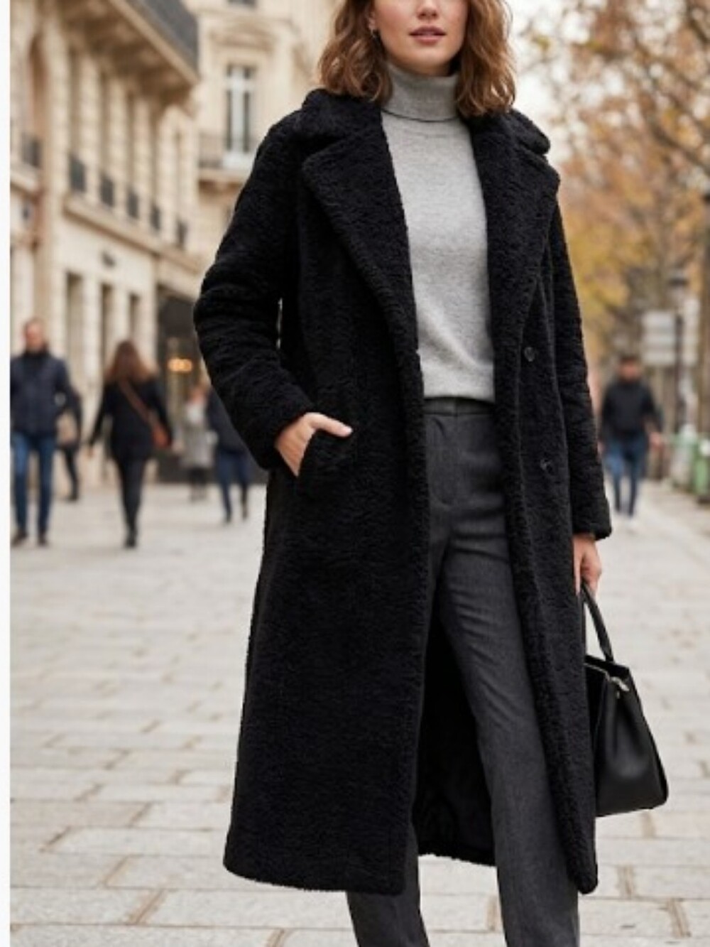 Classic Black Women's Long Sherpa Teddy Midi Trench Coat Size M